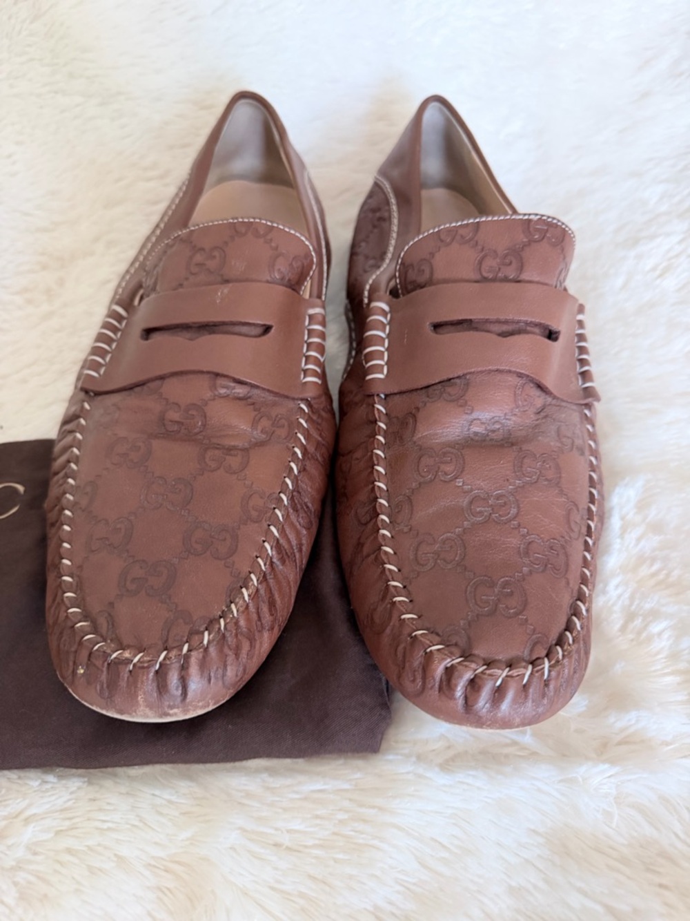Gucci Brown Leather GG Embossed Penny Loafers - Picture 2 of 6
